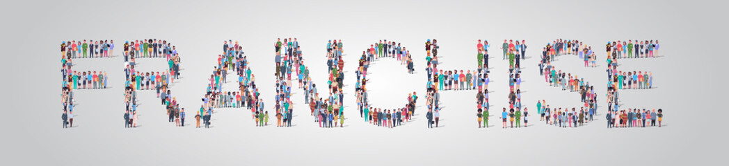 people crowd gathering in shape of franchise word different occupation employees mix race workers group standing together social media community concept flat horizontal