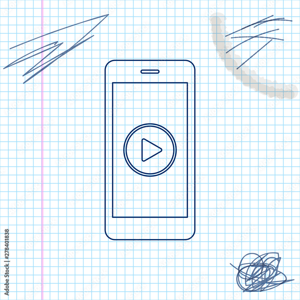 Poster smartphone with play button on the screen line sketch icon isolated on white background. vector illu