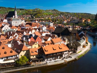 Fototapeta na wymiar View from above of Cesky Krumlov town and Vltava River. The town is a UNESCO World Heritage Site in Czech Republic. 