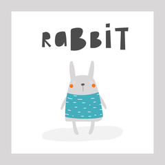 Funny rabbit in t shirt. Cute hand drawn doodle card, postcard, poster