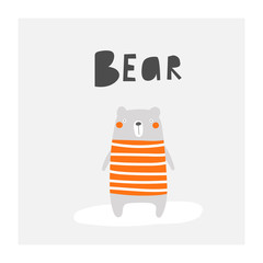 Funny bear in t shirt. Cute hand drawn doodle card, postcard, poster