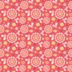 Vector seamless background: on a coralline background flowers, petals, lines, spirals, circles.