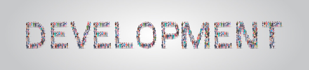 people crowd gathering in shape of development word different occupation employees mix race workers group standing together social media community concept flat horizontal