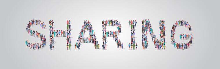 people crowd gathering in shape of sharing word different occupation employees mix race workers group standing together social media community concept flat horizontal