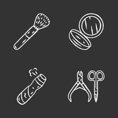 Skin care accessories chalk icons set. Makeup attributes, feminine hygiene. Beauty salon products isolated vector chalkboard illustrations. Cosmetic brush, pocket mirror, body spray, nail scissors