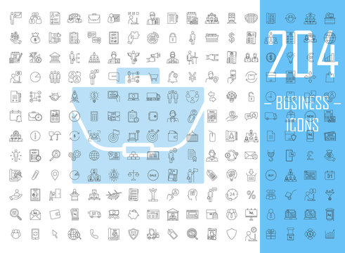 Business linear icons big set. Thin line contour symbols. Financing and budget. Business analytics. Delivery, logistics and distribution. Isolated vector outline illustrations. Editable stroke