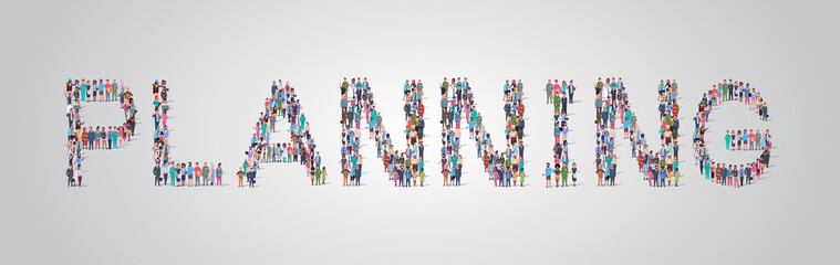 people crowd gathering in shape of planning word different occupation employees mix race workers group standing together social media community concept flat horizontal