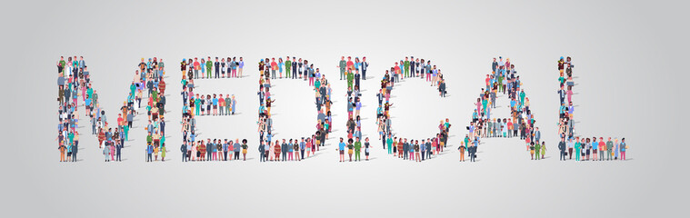 people crowd gathering in shape of medical word different occupation employees mix race workers group standing together social media community concept flat horizontal