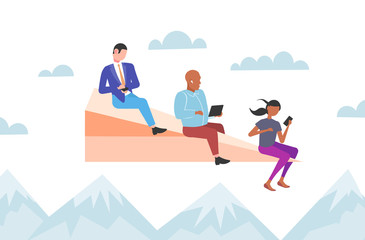 people flying on paper airplane mix race colleagues team using gadgets traveling together digital addiction concept mountains landscape background horizontal flat