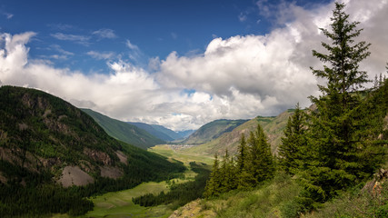Fototapeta na wymiar mountain panorama in Altai with Aktash in the valley, Russia, June