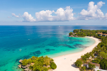 Beautiful Punta Bunga Beach on Boracay island, Philippines.Hotels near the beach in sunny weather....
