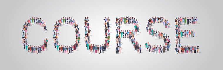 people crowd gathering in shape of course word different occupation employees mix race workers group standing together social media community concept flat horizontal