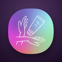 Moisturizing hand cream, sunblock app icon. Feminine hygiene, body care. UI/UX user interface. Web or mobile application. Skincare product vector isolated illustration. Cosmetology, suntan protection