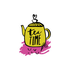 Tea time 5 o'clock concept. Hand drawn vintage print with teapot.