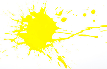 Yellow paint spots on paper, colorfull artistic image on white background