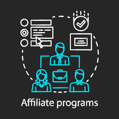 Fototapeta na wymiar Affiliate programs chalk concept icon. Affiliate marketing idea. Partner programs and referrals. Product promotion. Word of mouth. Vector isolated chalkboard illustration