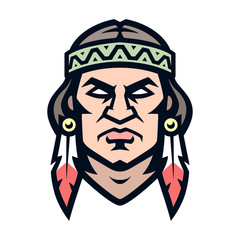 Professional logo american indian, sport mascot, icon angry warrior. Vector illustration, isolated on white background. Simple shape for design emblem, symbol, sign, badge, label, stamp.