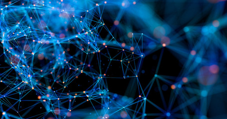  3d Render Abstract Flying Through Digital Data Web Spy Tunnel, Digital Nodes and Connection Paths.