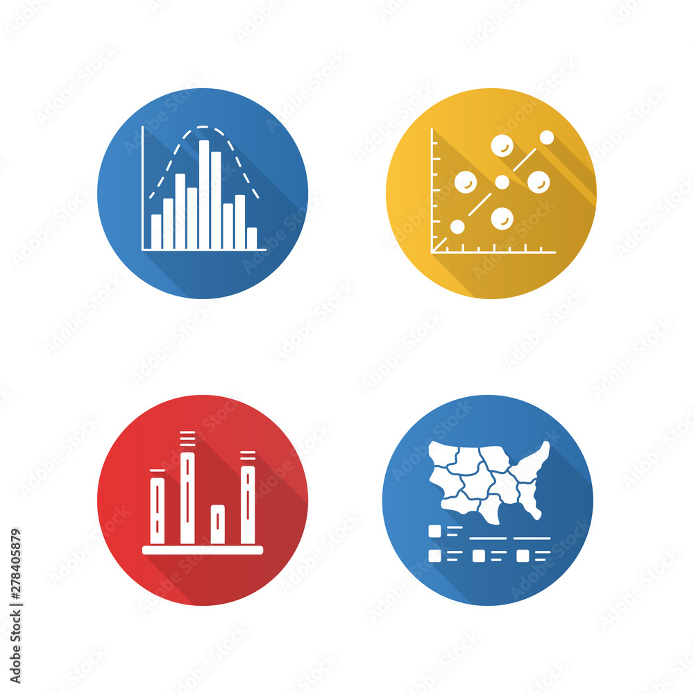 Poster diagram flat design long shadow glyph icons set. histogram, bar graph, scatter plot, cartogram. stat