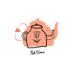 Tea time 5 o'clock concept. Hand drawn vintage print with teapot.