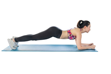 Asian girls are planking in exercise on a yoga mat.isolated on white background with clipping path