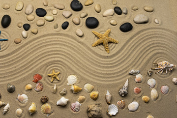 Stones, seashells and stars lie on the wavy lines of sand.