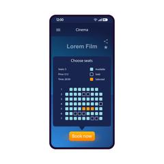 Cinema tickets booking smartphone interface vector template. Mobile app page blue design layout. Movie theater seats selection screen. Flat UI for application. Concert tickets purchase. Phone display