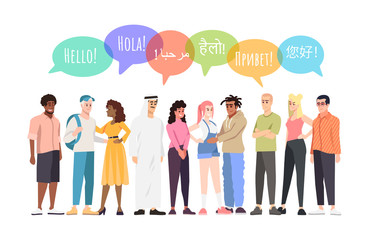 Multinational community communication vector illustration. Young people say hello in different languages, speech bubbles. Multiethnic student society. Caucasian, afro, arabian world representatives - obrazy, fototapety, plakaty