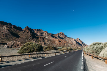 Road among the rocks in the desert to the volcano Teide on the island of Tenerife in the Canary Islands
