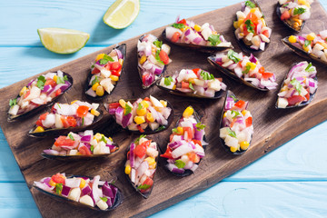 Traditional  Peruvian food background with mussels