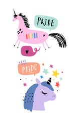 LGBT unicorns with speech bubble in cartoon doodle style. Vector.