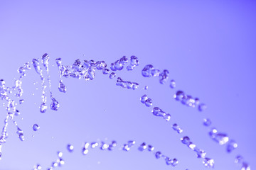 Water droplets frozen in the air with splashes and chain bubbles on a pink and purple isolated background in nature. Clear and transparent liquid symbolizing health and nature.