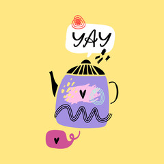 Tea time 5 o'clock concept. Hand drawn vintage print with teapot.