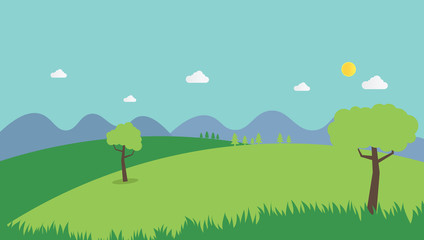 Nature landscape summer background flat design vector.Scene nature with hills , mountains and sky background.Countryside with field.