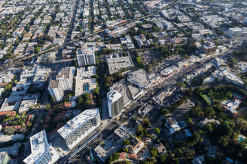 Aerial view of Sunset Blvd area streets and buildings in the West Hollywood area of Los Angeles...