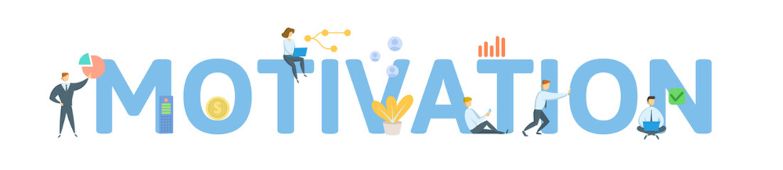 MOTIVATION. Concept with people, letters and icons. Colored flat vector illustration. Isolated on white background.