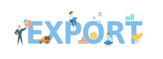 EXPORT. Concept with people, letters and icons. Colored flat vector illustration. Isolated on white background.