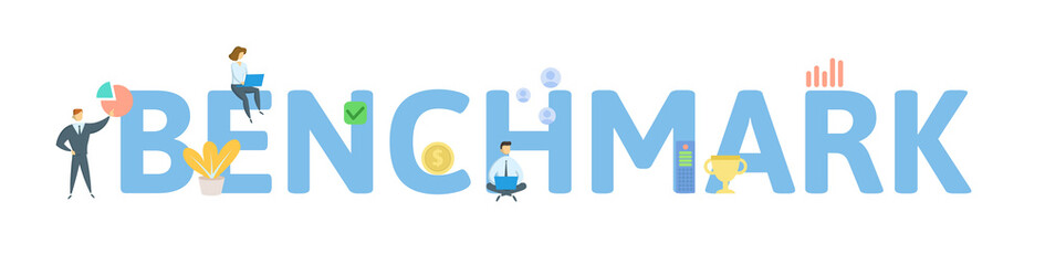 BENCHMARK. Concept with people, letters and icons. Colored flat vector illustration. Isolated on white background.