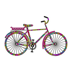 Cartoon bicycle. Colorful doodling. Vector isolated on white background.