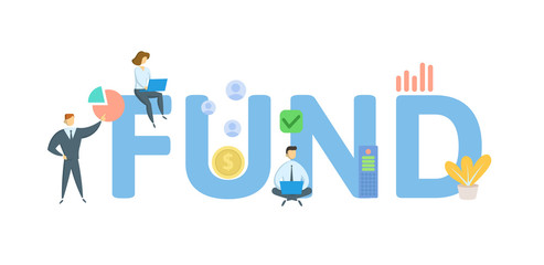 FUND. Concept with people, letters and icons. Colored flat vector illustration. Isolated on white background.