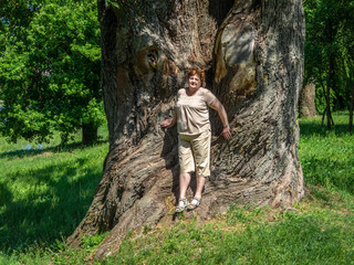Naklejka premium Mature woman tourist resting near a huge tree