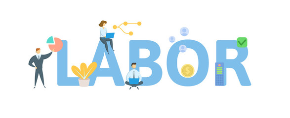 LABOR. Concept with people, letters and icons. Colored flat vector illustration. Isolated on white background.