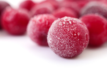 Group of frozen cherries.