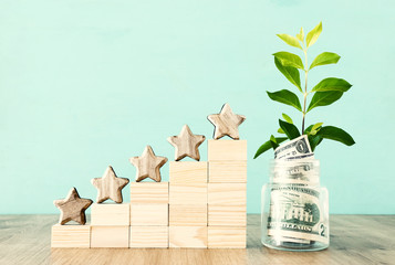 business concept image of setting a five star goal. increase rating or ranking, evaluation, money...