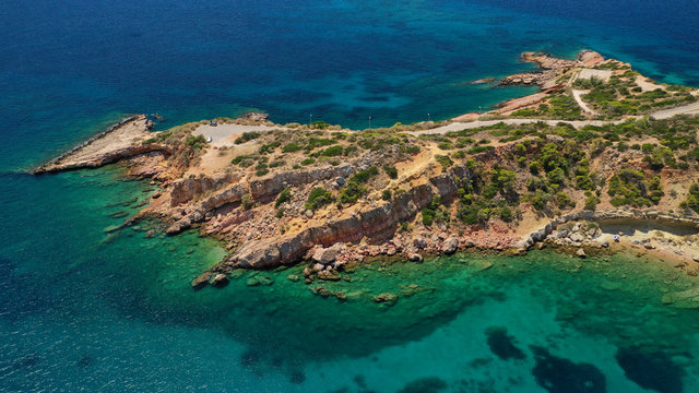 Aerial drone photo of rocky peninsula in Astir area or Asteras, Vouliagmenis, Attica, Greece © aerial-drone