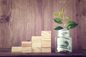 Business image of plant growing in savings jar, money investment and financial growth concept