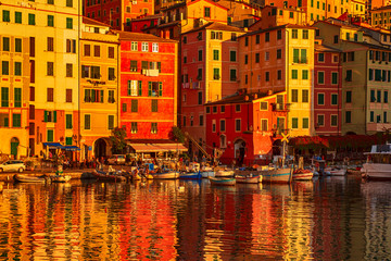 Panoramic view of Camogli town in, Italy.