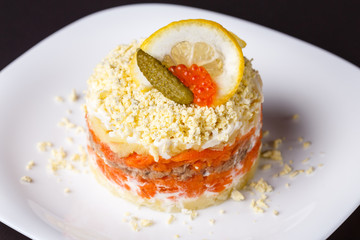 Fresh delicious salad with potatoes, carrots and canned tuna