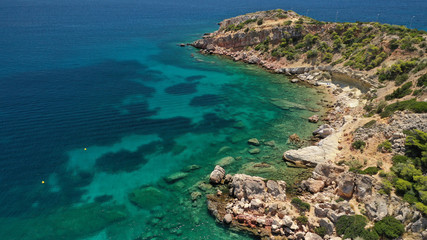 Aerial drone photo of rocky seascape in Vouliagmeni peninsula, Athens riviera, Attica, Greece
