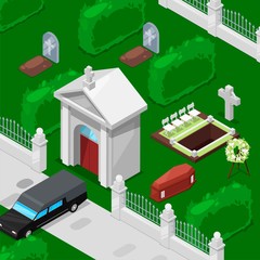Funeral and cemetery isometric vector illustration. Include church, graves with cross, tombstone, coffin and monument, funeral car. Death ritual.
